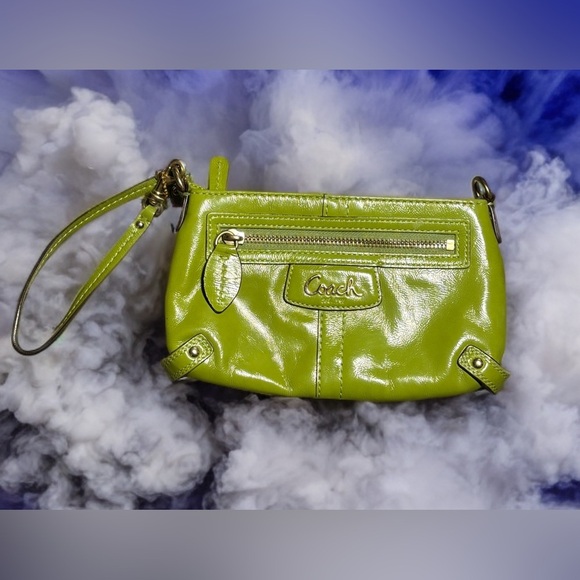 Coach Green Apple Leather Clutch Wristlet with Glossy Finish - Picture 1 of 12